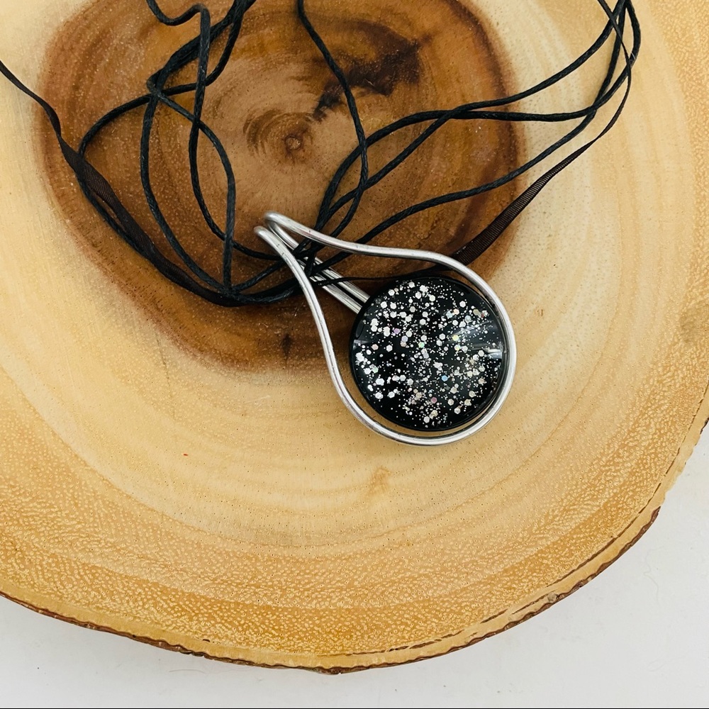 Druzy black with silver necklace with ribbon and cord chain NWOT